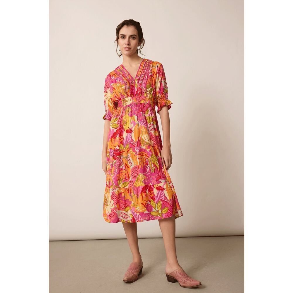 Bohera Empress Flourish Midi Dress Women's Medium Pink Multicolor Smocked V-Neck